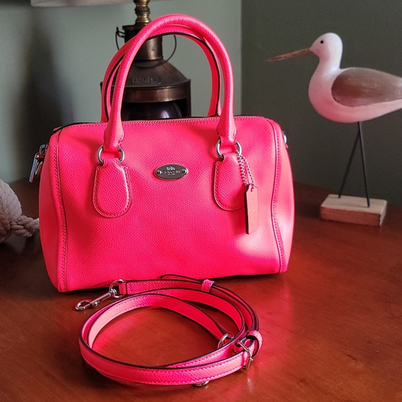 Coach Mini Bennet Satchel Neon Pink Crossgrain Leather 2-way Bag #F34697 - Picture 13 of 16